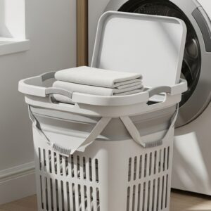 Collapsible laundry basket popped open beside a washer, with a folded version tucked between the wall and machine