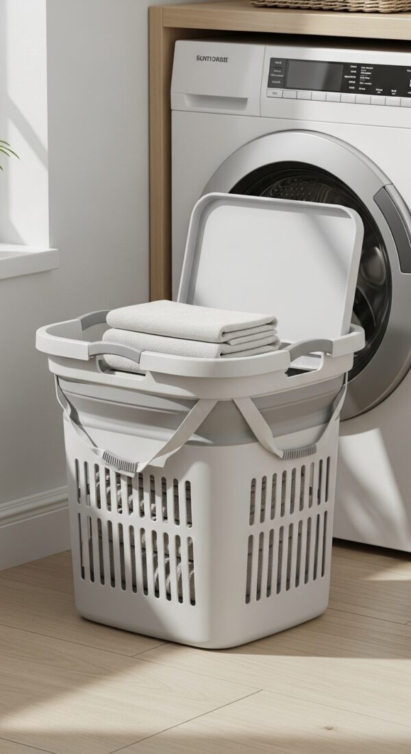 Collapsible laundry basket popped open beside a washer, with a folded version tucked between the wall and machine