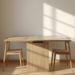 Compact expandable dining table half extended in a small dining nook with two chairs