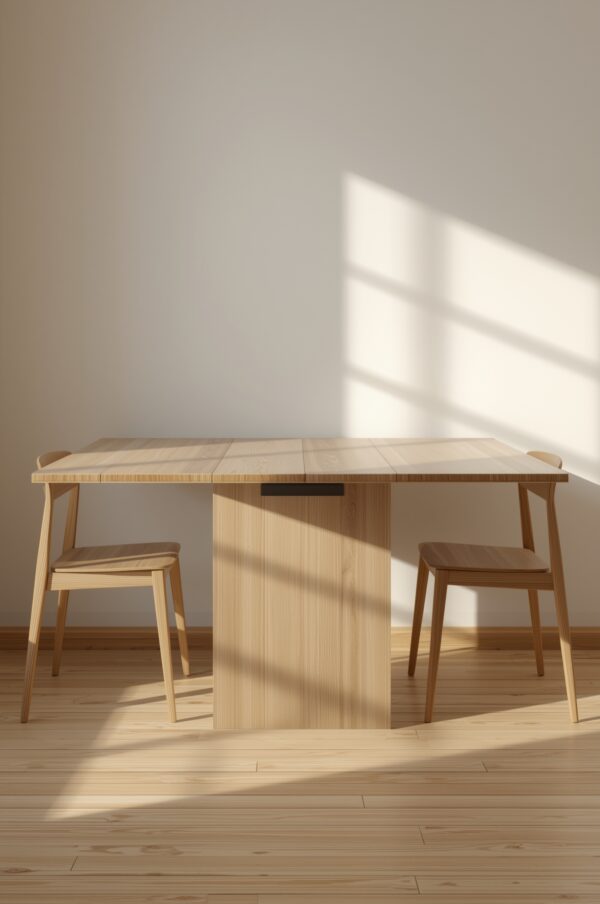 Compact expandable dining table half extended in a small dining nook with two chairs