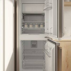 Compact mini fridge with freezer compartment open, showing adjustable shelf and door racks in a small kitchen nook