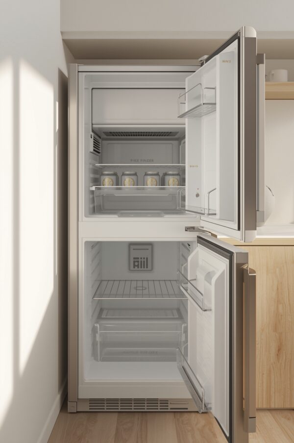 Compact mini fridge with freezer compartment open, showing adjustable shelf and door racks in a small kitchen nook