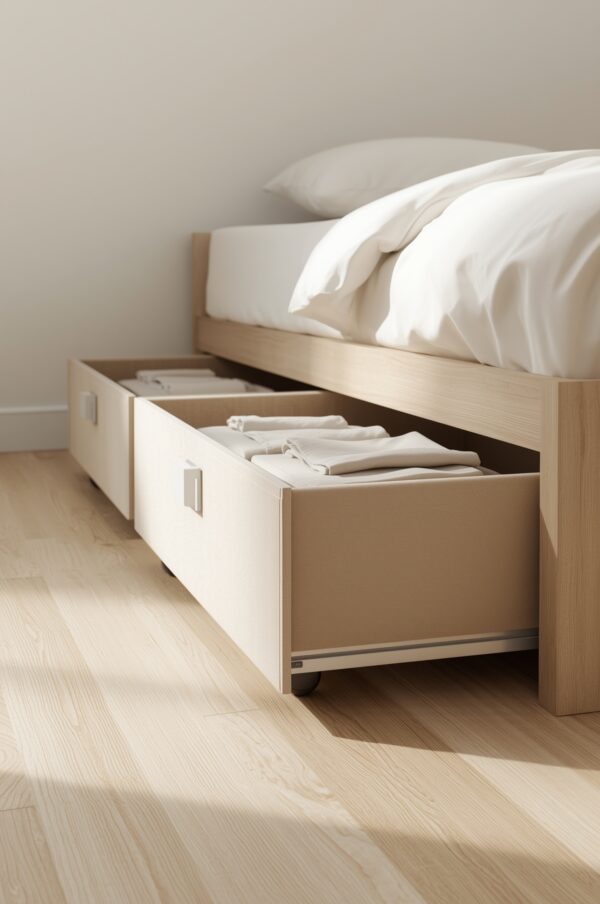 Low-profile under-bed storage drawers sliding out from beneath a modern bed
