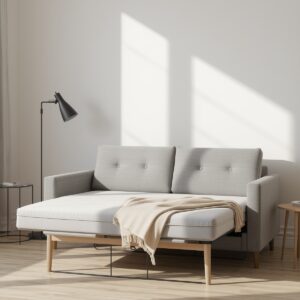 Modern multi-functional sofa bed partially unfolded into a sleeper in a small studio living room
