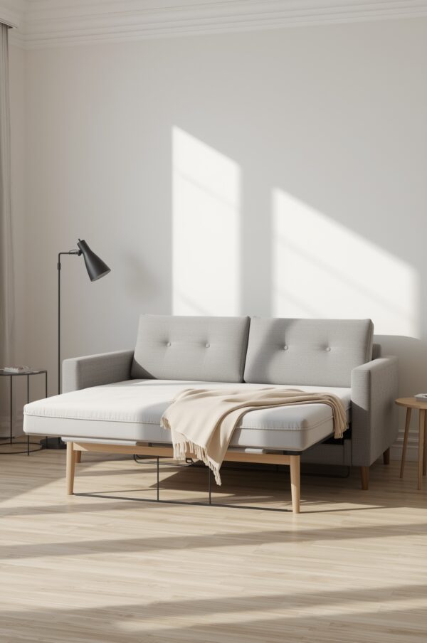 Modern multi-functional sofa bed partially unfolded into a sleeper in a small studio living room