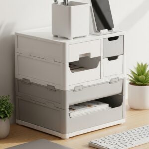 Modular stackable desk organizer set with trays, drawers, pen cup, and phone stand arranged on a compact desk