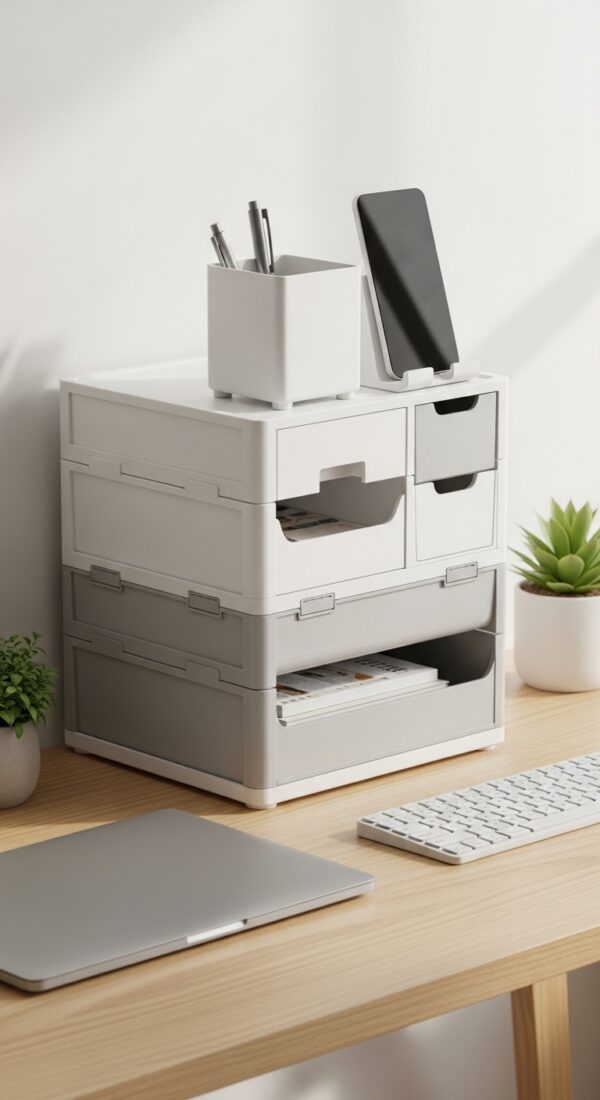 Modular stackable desk organizer set with trays, drawers, pen cup, and phone stand arranged on a compact desk