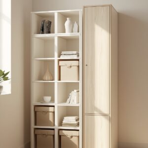 Modular storage units configured as a stackable cube organizer in a modern living room