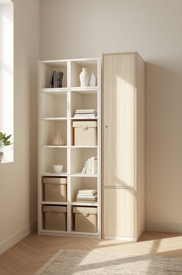 Modular storage units configured as a stackable cube organizer in a modern living room