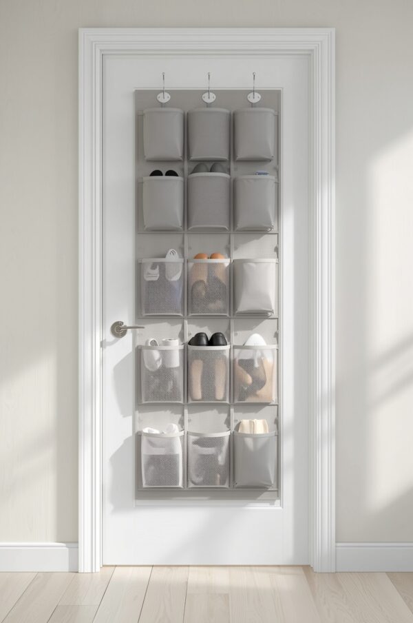 Multi-pocket hanging over-the-door organizer on a white door holding shoes and toiletries
