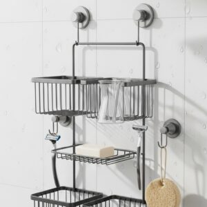 Slim shower organizer hanging from a showerhead with baskets, hooks, and a soap dish against white tile