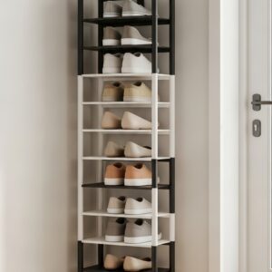 Slim vertical shoe rack in a small entryway holding multiple pairs on open shelves