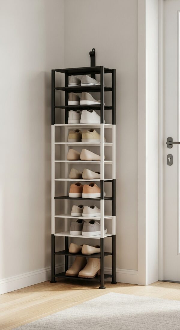 Slim vertical shoe rack in a small entryway holding multiple pairs on open shelves