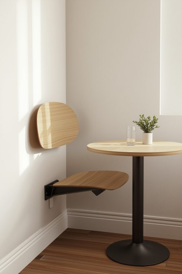 Wall-mounted foldable dining chair unfolded beside a small bistro table in a compact dining nook