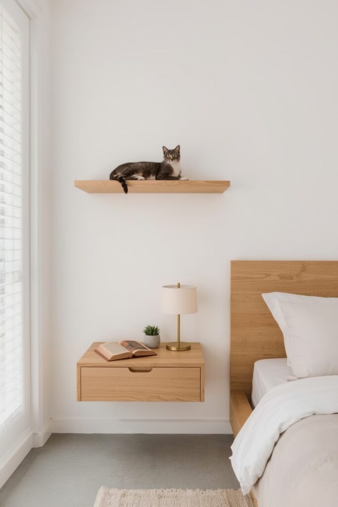 Wall-Mounted Cat Perch Above Bedside Table
