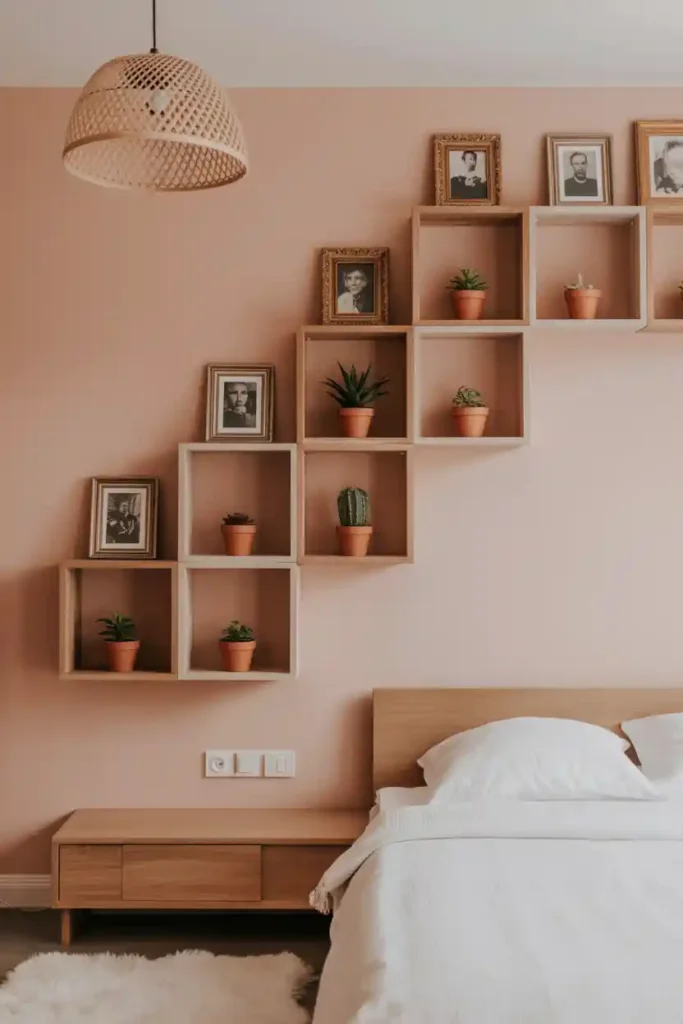 Floating Cube Shelves Above Bed