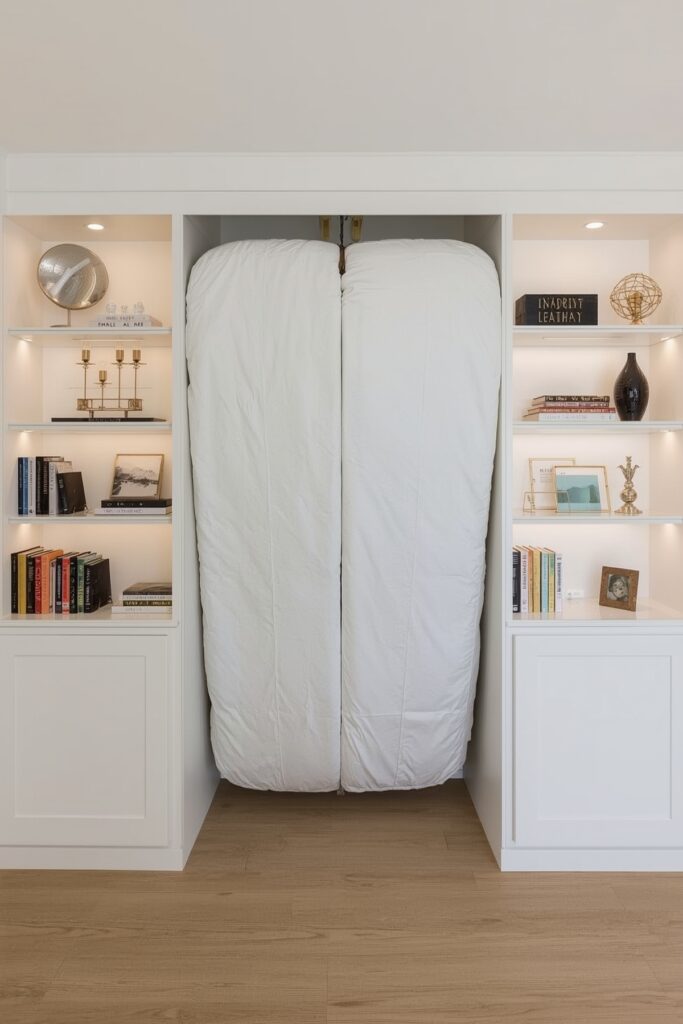 Murphy Bed Folded into the Wall with Built-In Shelves