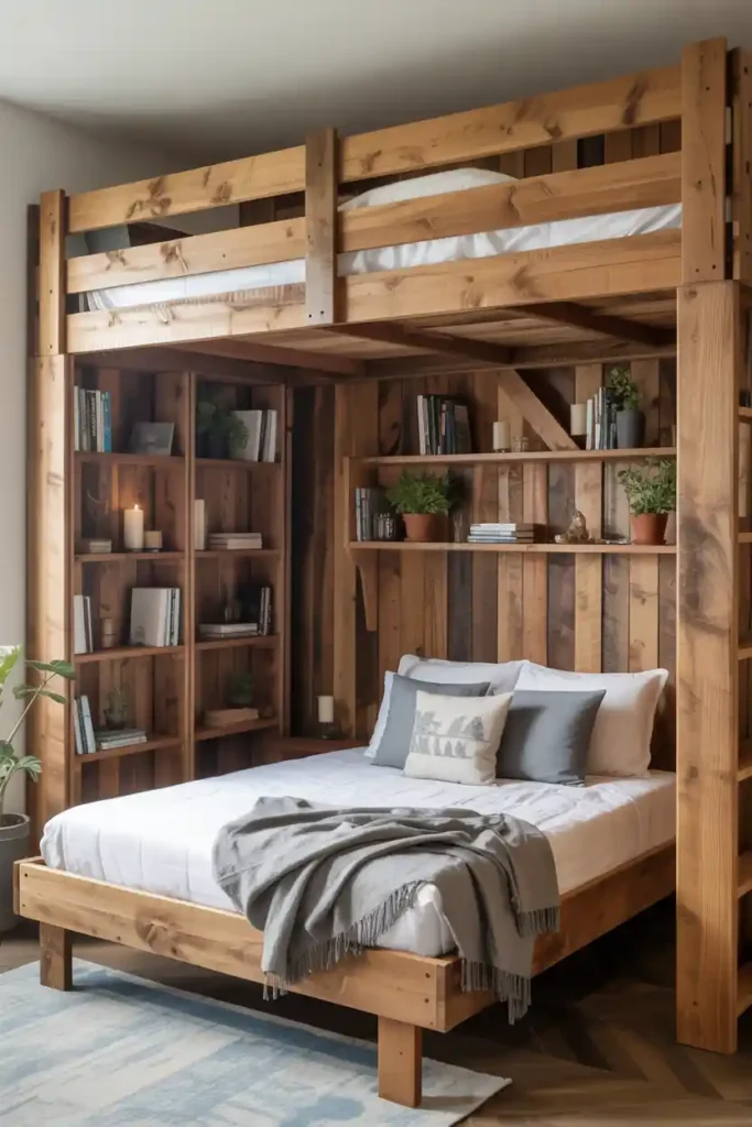 Rustic Wooden Loft with Bookshelf Sides