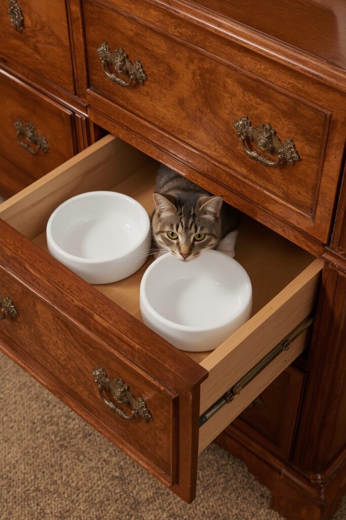 Slide-Out Cat Feeding Drawer in Dresser