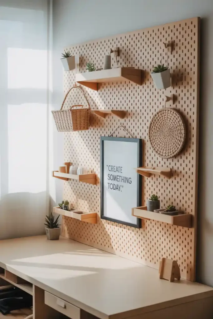 Pegboard Storage Wall with Adjustable Fixtures