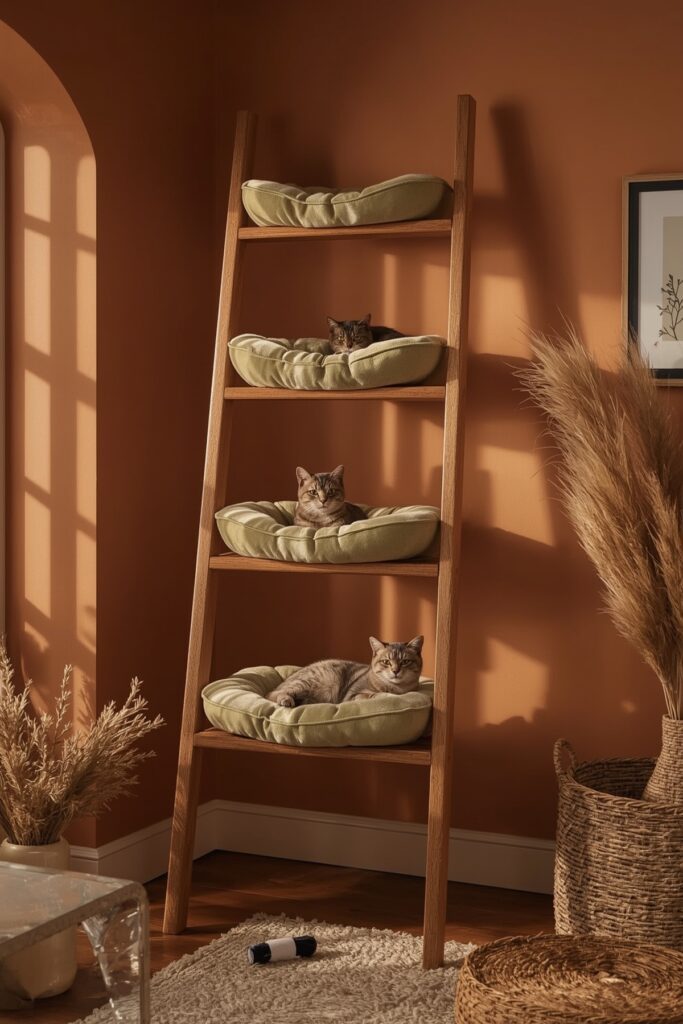 Wooden Ladder Shelf with Beds on Each Rung