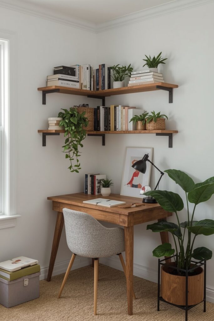 Compact Corner Office Nook with Floating Shelves