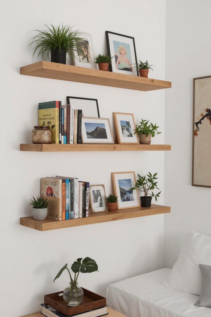 Vertical Floating Shelves Styled with Minimal Decor