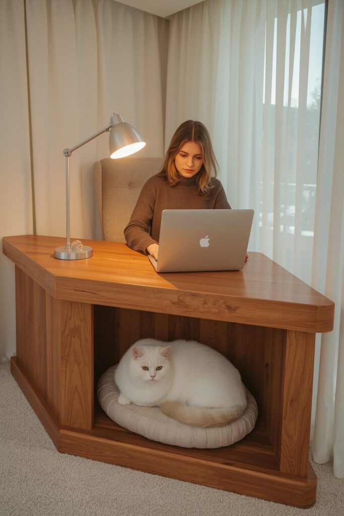 Corner Desk Unit with Integrated Cat Cubby