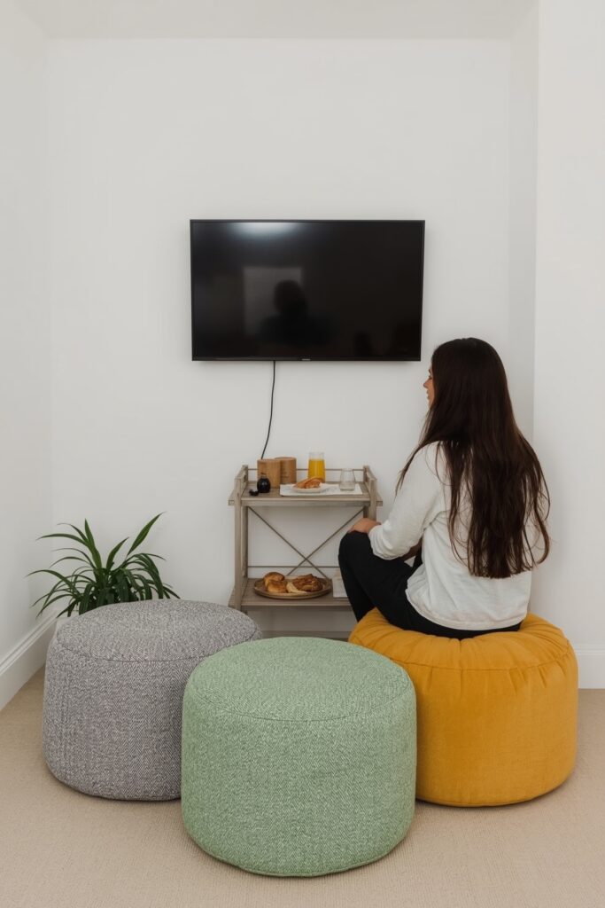 Tiny Apartment TV Setup with Pouf Seating
