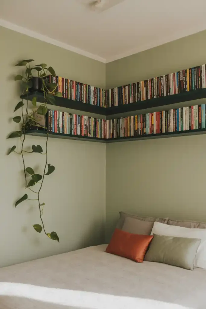 Corner Floating Bookshelves Wrapped Around Walls