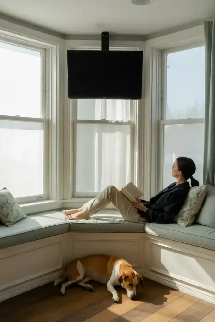 TV Mounted Above Bay Window Bench