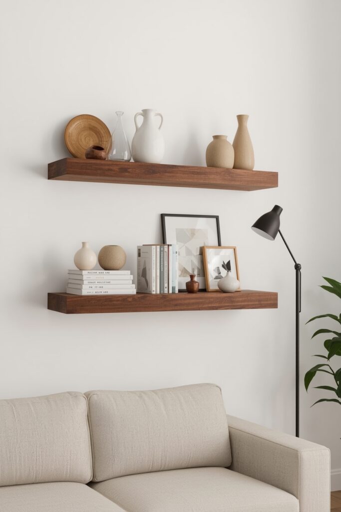 Floating Wall-Mounted Shelves Above Sofa