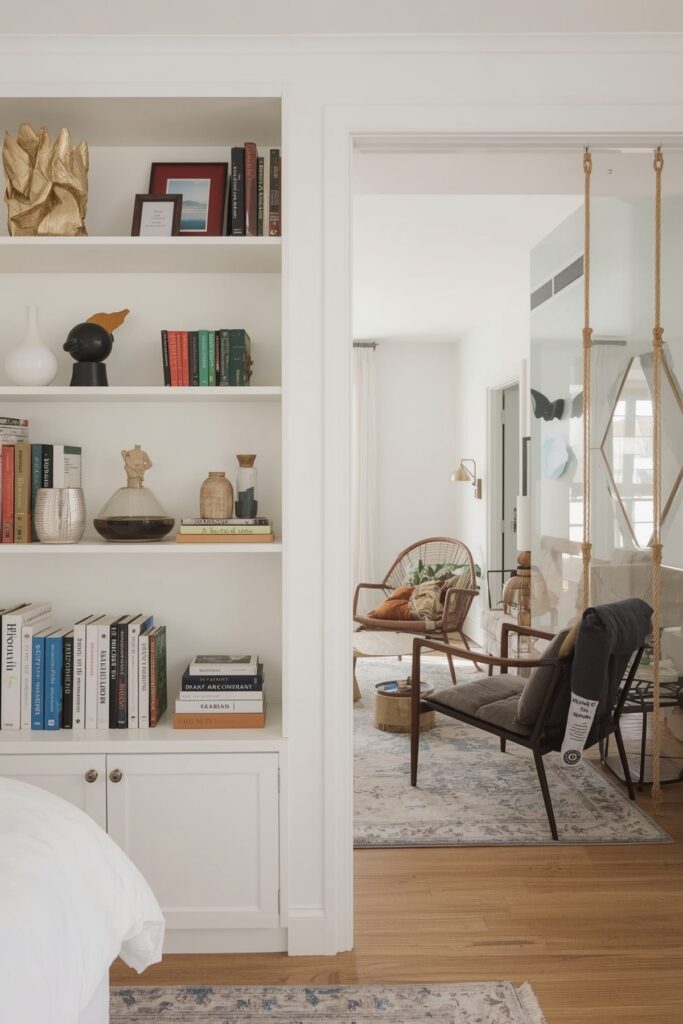 Open Bookshelf Half-Wall Dividing Studio Zones