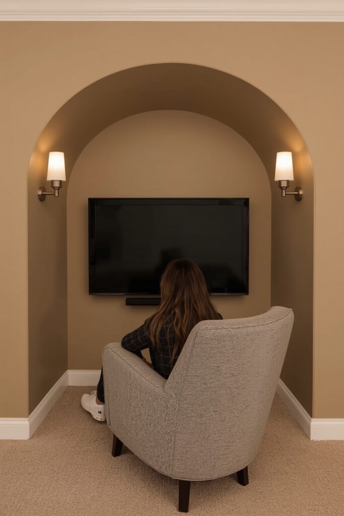 TV in a Small Alcove with Sconces