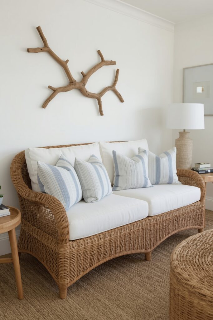 Wicker Base Sofa with Linen Upholstery