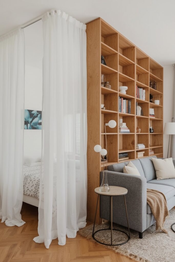 Curtain or Bookshelf Divider Zoning a Studio Apartment