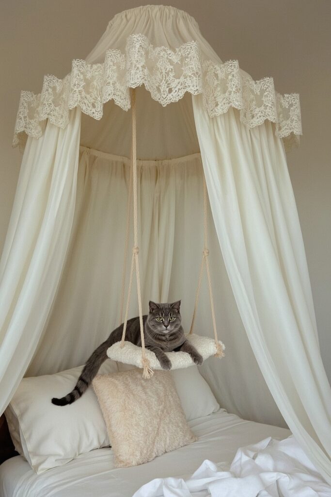 Bed Canopy with Hidden Cat Swing Inside
