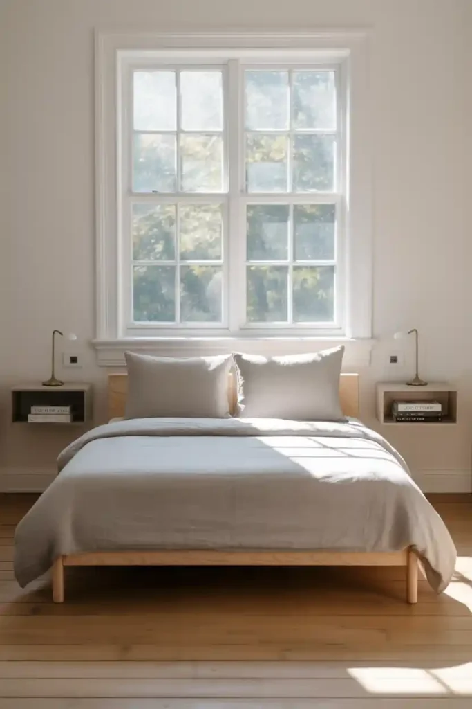 Bed Centered Under Window with Floating Shelves on Each Side