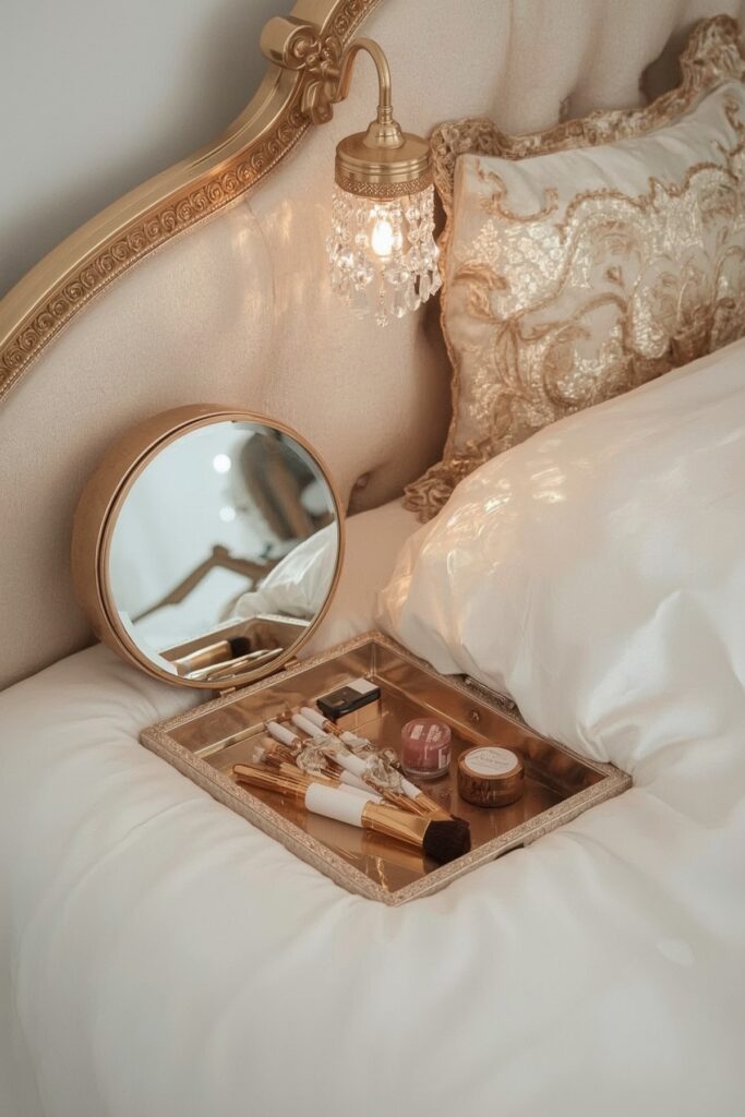 Bed with Integrated Fold-Out Vanity
