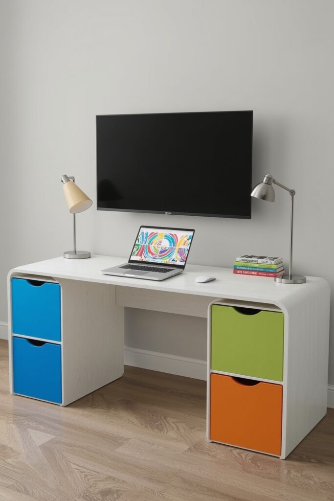 Above-Desk TV Mount with Storage Cubes