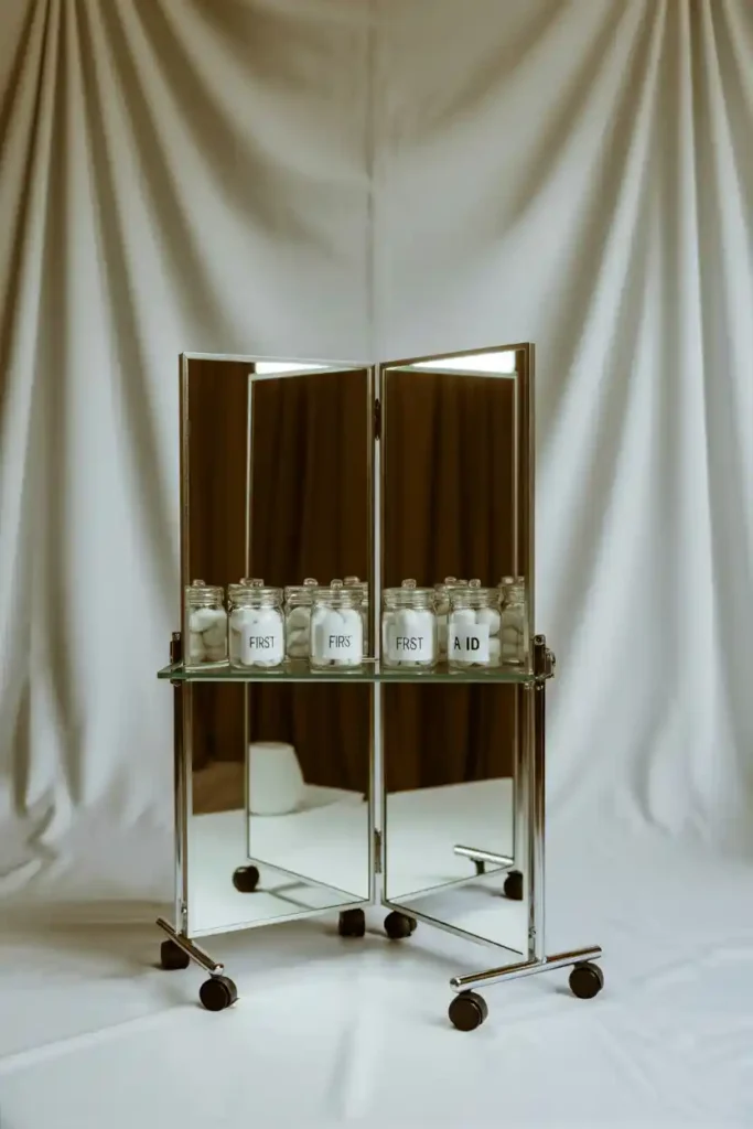 Free Standing Tri-Fold Mirror With Hidden Shelves