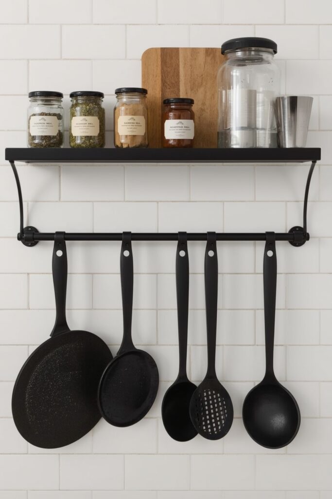 Wall-Mounted Kitchen Rack Displaying Pots and Pans