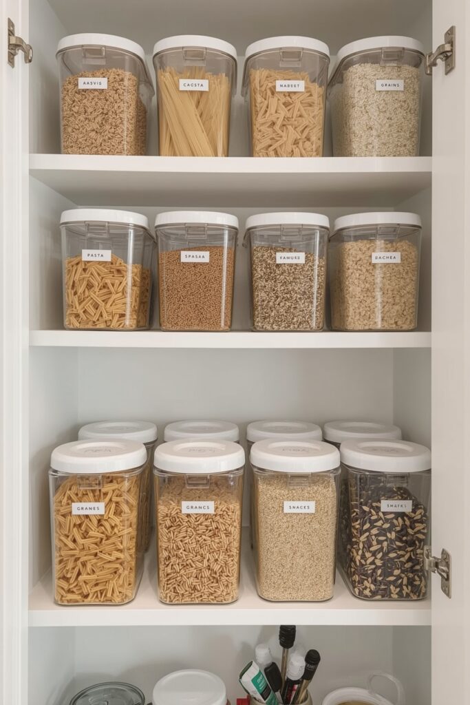 Clear Storage Bins and Jars on Open Shelving