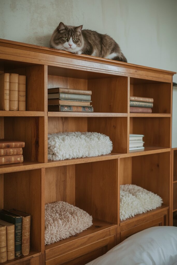 Bed Headboard with Integrated Cat Shelves