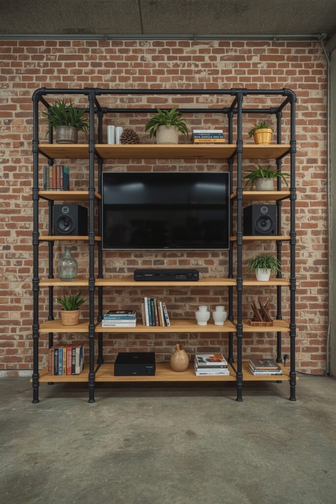 Industrial Pipe Shelf with Built-In Screen