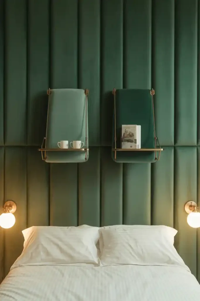 Upholstered Wall Panels with Flip-Down Shelves