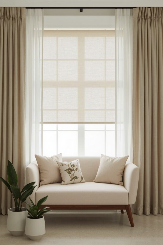 Lounge with Layered Window Treatments