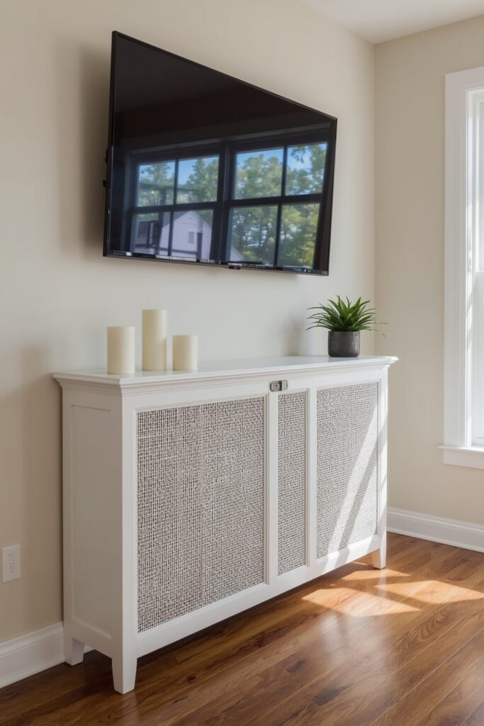 Wall TV Above a Radiator Cover Shelf