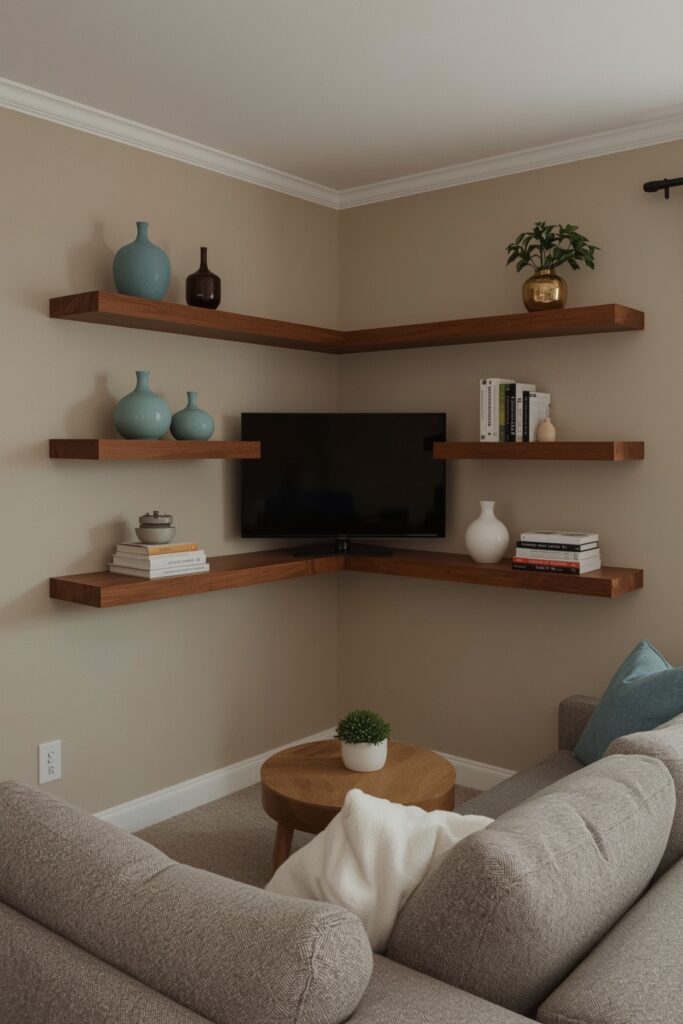 Corner Floating Shelves Framing the TV