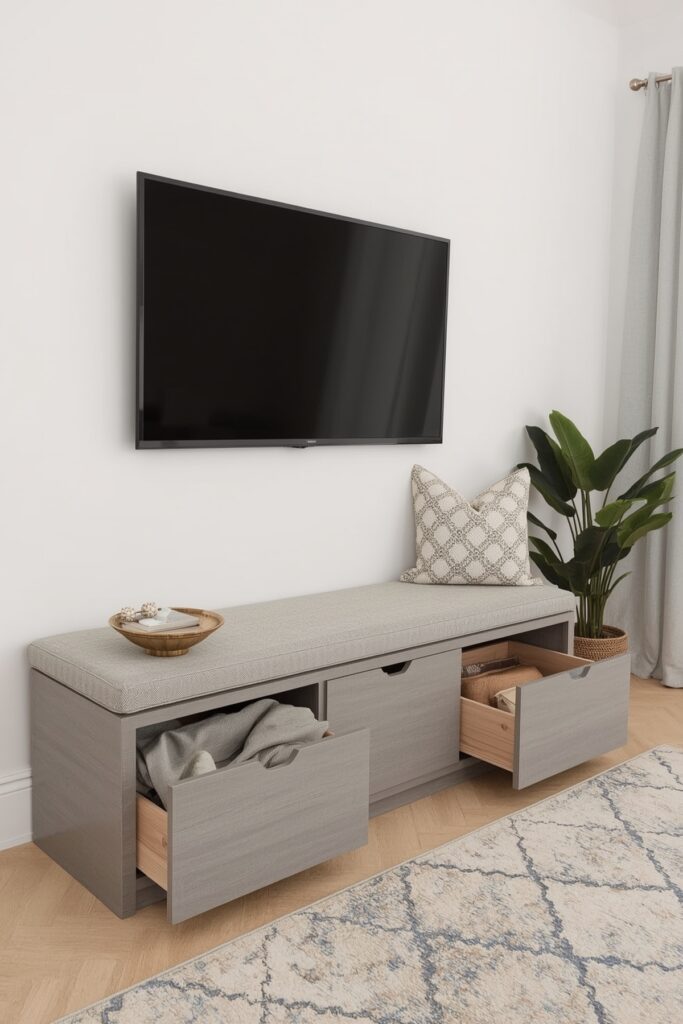 TV Above a Slim Bench with Hidden Drawers